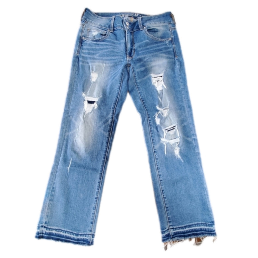 AEO Cropped Jeans - Distressed - Raw Hem - Size 8 - super stretch